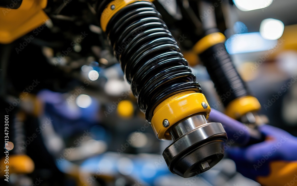 Aufkleber close-up of a mechanical shock absorber showcasing its intricate design and robust components, empha