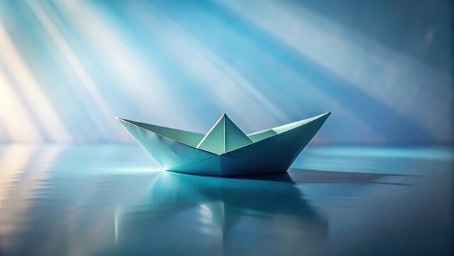 A paper boat on a calm, blue surface, with a soft, blue and white glow coming from the background. The gentle light evokes a sense of tranquility and hope, symbolizing a journey ahead.