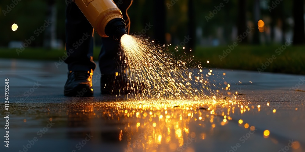 Aufkleber a person sprays a glowing substance on a wet surface, creating a dazzling display of sparks in a dim