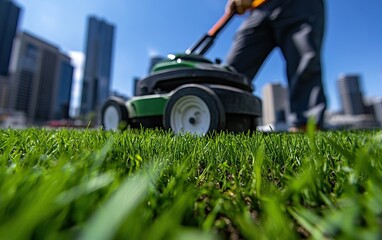 Obraz premium A person mows a vibrant green lawn in an urban setting, with skyscrapers in the background under a clear blue sky.