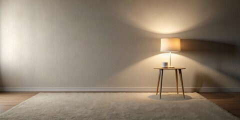 Simple and Cozy Living Room with a Beige Carpet, a Wooden Table and a Lamp with a Cream Shade