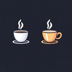 Obraz premium Two steaming cups of coffee, one white and one gold, on saucers against a dark background.