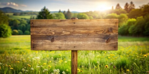 Fototapeta premium A rustic wooden sign stands tall in a field of wildflowers, bathed in the golden light of a setting sun, offering a blank canvas for your message.