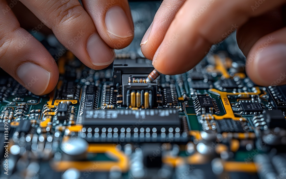 Poster close-up of hands assembling a circuit board component for electronic devices.