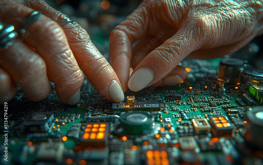 Poster close-up of hands working on a circuit board, highlighting technology and precision.