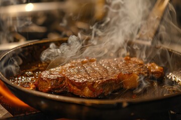 A juicy steak is expertly seared in a skillet, releasing flavorful juices and steam, while the warmth of the kitchen enhances the inviting aroma during dinner preparations.