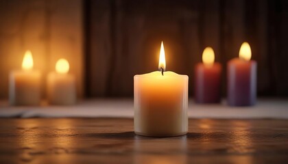 Tranquil atmosphere with a single flickering candle, solitude, ambiance