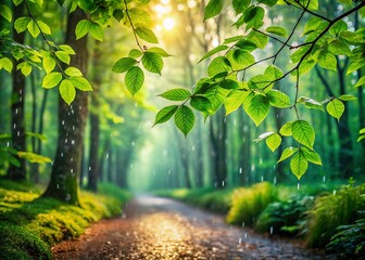 Fototapeta premium Captivating Rainy Forest Landscape with Lush Greenery and Misty Atmosphere, Perfect for Nature Lovers and Serene Outdoor Scenes