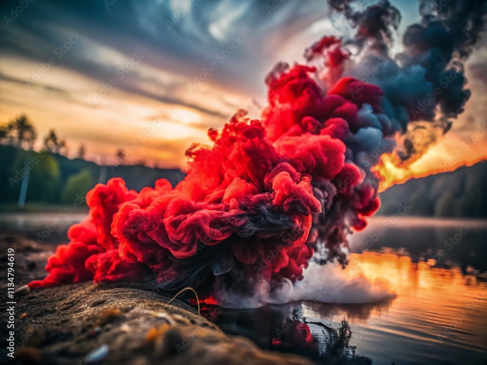 Poster Captivating Red and Black Smoke Swirling in the Air with High Depth of Field Creating an Artistic and Dramatic Atmosphere for Visual Storytelling and Creative Projects