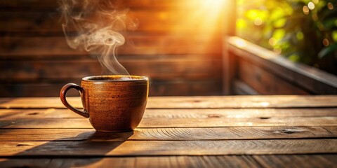 A steaming mug of coffee rests on a weathered wooden table, bathed in the golden glow of sunrise.