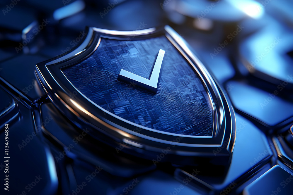 Poster metallic shield with checkmark on dark tech background.