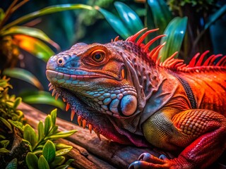 Obraz premium Captivating Red Iguana in a Terrarium: A Glimpse into Exotic Reptile Habitats and Their Care in Documentary Photography