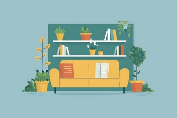 Yellow couch in a living room with books, plants, and shelves.