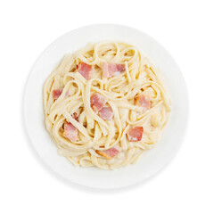 Pasta with bacon, top view, on a white background, isolated.
