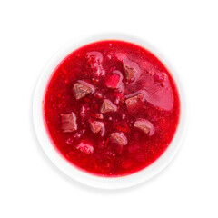 Beetroot borscht soup, top view, on a white background, isolated.