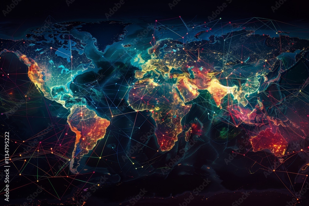 Poster a detailed and colorful representation of a world map featuring bright connections that showcase glo