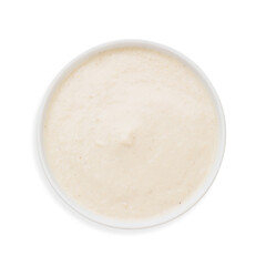 Semolina porridge, top view, on a white background, isolated.