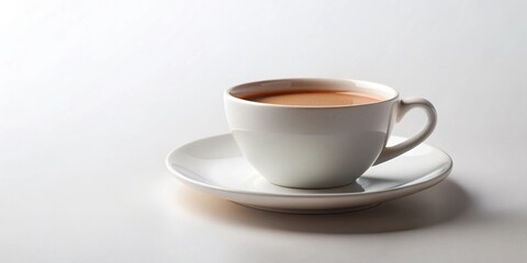 A porcelain cup of coffee with a saucer, resting on a smooth white surface, casting a soft shadow.
