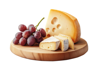 Selection of cheeses including Swiss and Brie with fresh red grapes on a round wooden platter