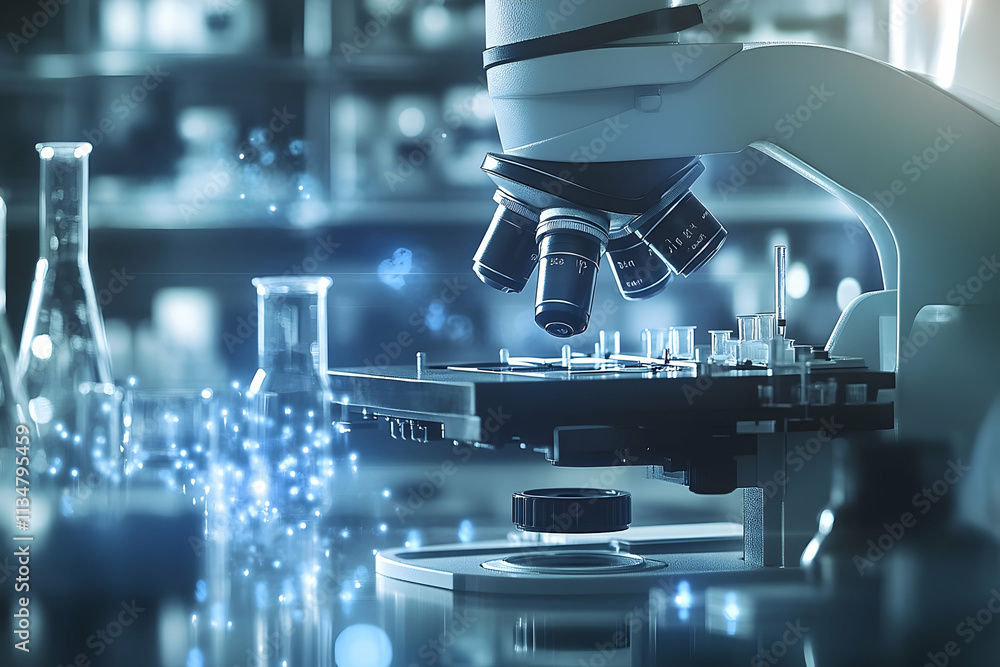 Poster microscope in a modern laboratory with glowing particles.