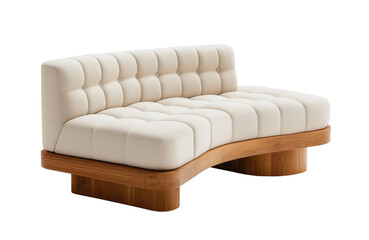 Contemporary cream-colored sofa with tufted upholstery and curved wooden base in minimalist design