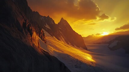 Fototapeta premium Golden Sunset Illuminates Majestic Mountain Peaks and Glacier