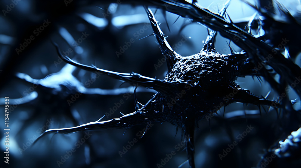 Poster microscopic view of a neuron cell with its dendrites and axon.