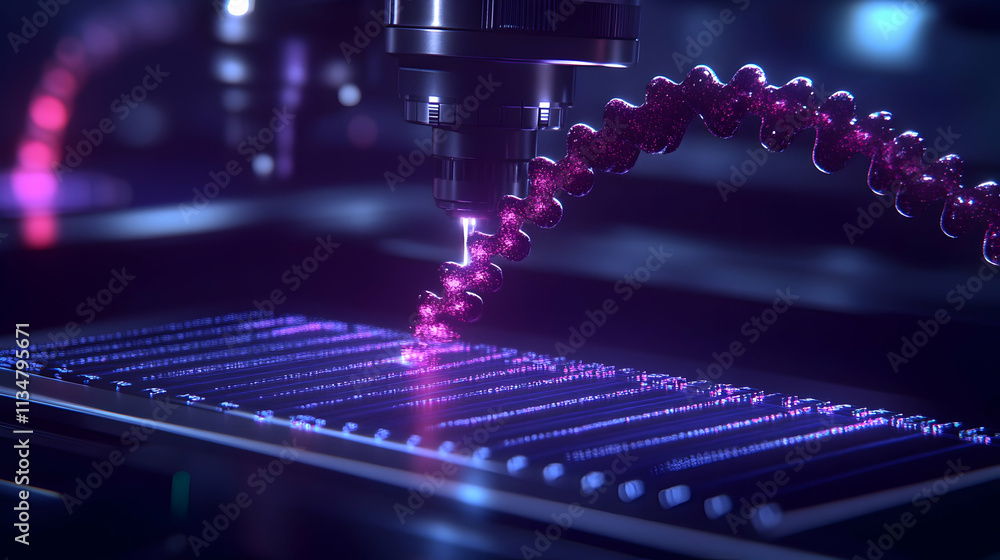 Poster microscopic machine precisely placing glowing pink chain-like structures onto a gridded surface.