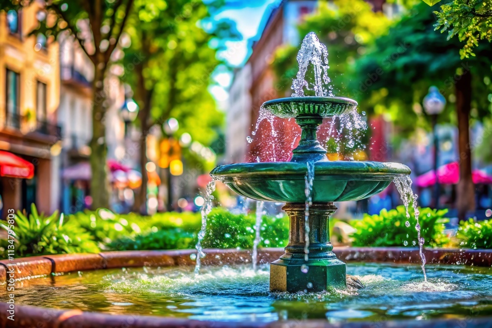 Poster captivating side view of water splashing in a public fountain captured in slow motion with tilt-shif
