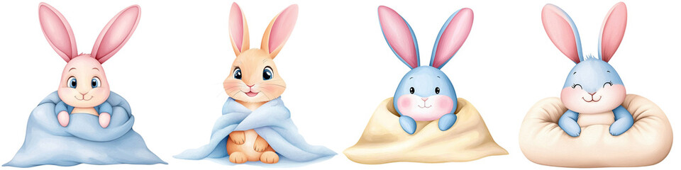 Obraz premium Baby bunny fluffy and warmth, Four adorable cartoon bunnies wrapped in colorful blankets, displaying various expressions and poses.