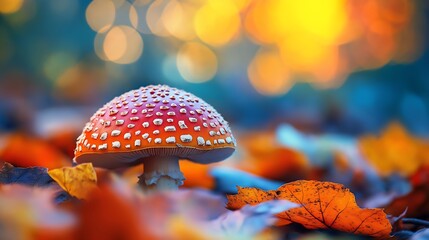 Closeup of a bright and shiny red Amanita Muscaria mushroom, a very poisonous fungus. Growing in green moss in a forest generative ai