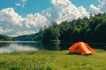 Premium Quality Picture of Yellow Camping Tent with SolarPowered Lamp in the Woods