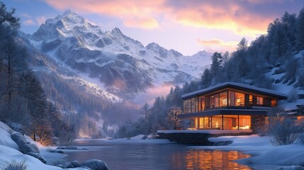 A secluded mountain chalet at the edge of a serene, snowy woodland, warm lights glowing from the windows with a backdrop of towering, snow-capped peaks at sunset.