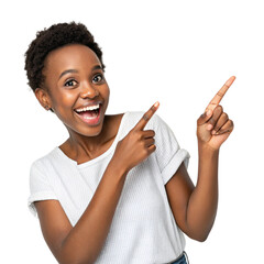 Attractive Black Woman Posing with Hands Pointing and Surprised Expression on Isolated Background
