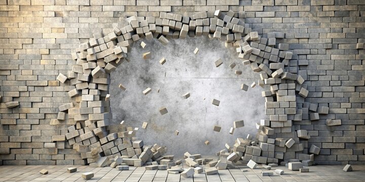 Stone wall exploding into small fragments, destruction, impact, force, debris, burst, shattered, pieces, rubble, broken