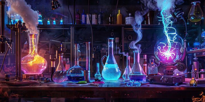 Laboratory Still Life with Illuminated Glassware and Electrical Discharge