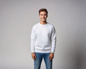 Fototapeta premium Young man wearing white sweatshirt and jeans isolated on grey background