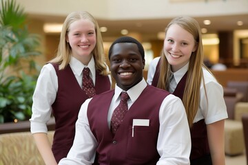 Diverse group of young professionals in business uniforms smiling and posing together in a professional setting