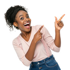 Cheerful Black Woman with Hands Pointing and Surprised Expression Isolated on Transparent Background