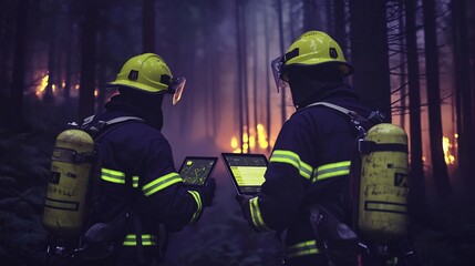 Firefighters in Protective Gear Battling Forest Fire at Night