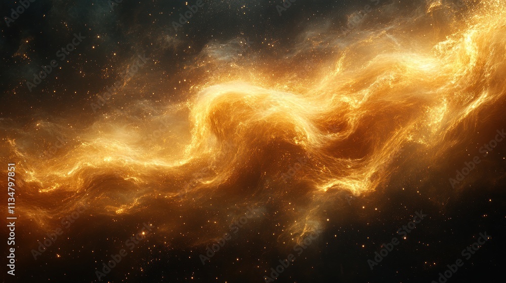 Poster golden dust cloud swirling in ethereal light with dark background