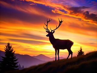 Fototapeta premium Captivating Silhouette Photography of a Majestic Deer Against a Stunning Sunset, Perfect for Nature Lovers and Wildlife Enthusiasts