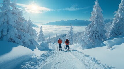 A serene winter scene of a ski slope on a sunny day, chairlifts visible in the distance and a small ski lodge at the base of the hill.