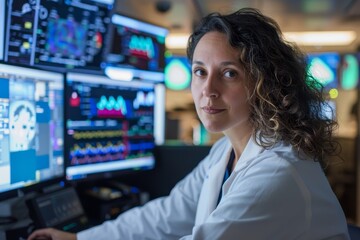 A healthcare expert focuses on medical images and charts on multiple monitors in a modern hospital environment at night, showcasing advanced technology.