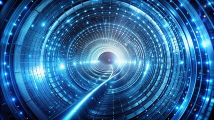 Obraz premium A futuristic abstract design depicting a swirling blue tunnel filled with glowing lights, representing a journey into the unknown.