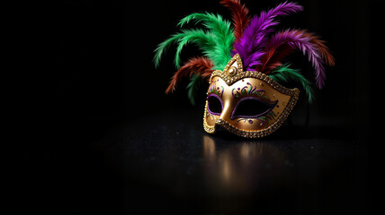 Ornate Mardi Gras mask with feathers on a dark dramatic background