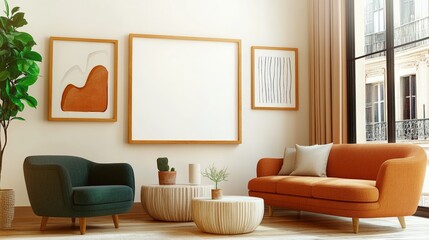  Green armchairs next to orange sofa against wall with blank art  frame. Wall with abstract art. 