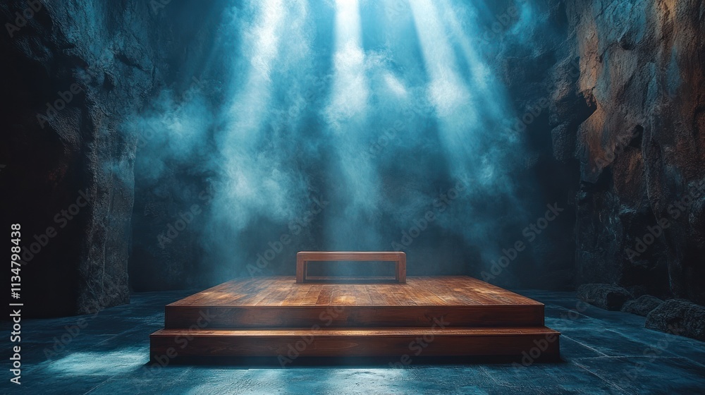 Poster wooden stage pedestal with soft mist light fog dark concrete background for abstract presentation st