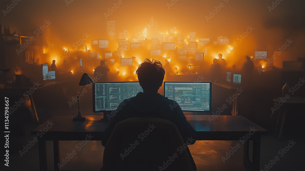 Poster a man sits at a computer desk with two monitors in front of him. the room is dimly lit and the man i