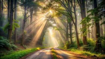 Golden rays of sunlight pierce through the dense canopy of a lush, verdant forest, illuminating a winding path that leads into the unknown.